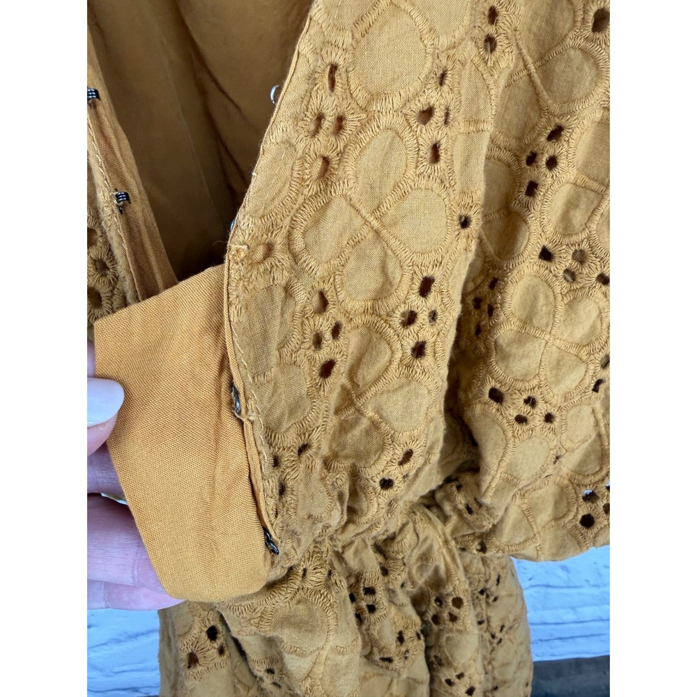 ByTogether Eyelet Mini Dress M Mustard Boho Cottagecore Prairie Puff Sleeve - Picture 7 of 12